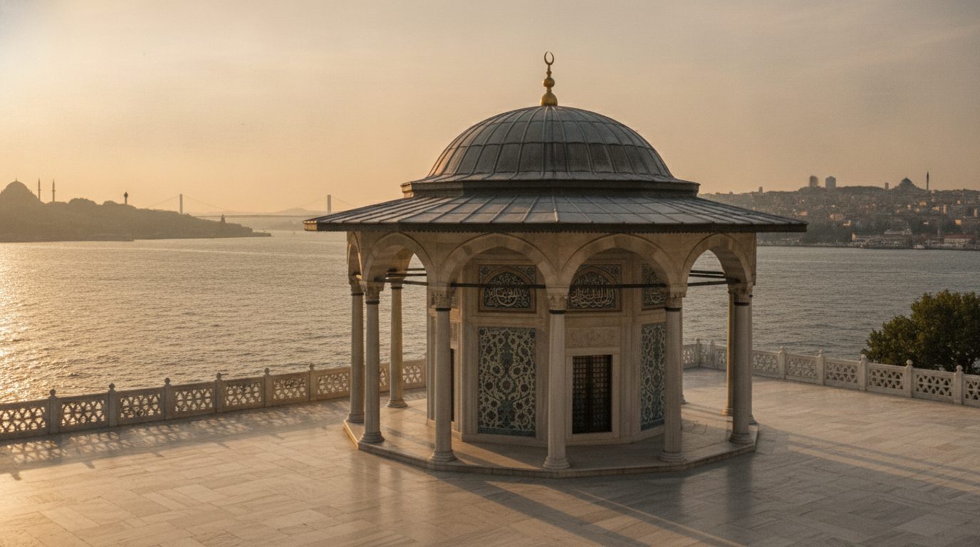 The colonnaded Baghdad Kiosk on a marble terrace at Topkapi Palace, with the Bosphorus in the background