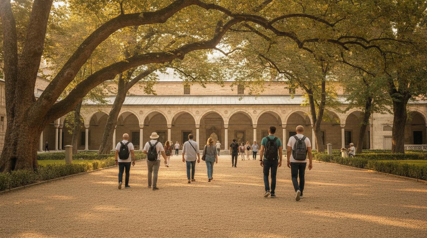 Visitors walking through a green courtyard of Topkapi Palace in Istanbul in soft morning light