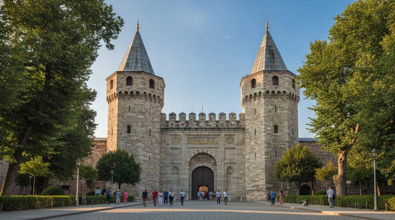 The twin-towered Gate of Salutation at Topkapi Palace in Istanbul, where visitor entry begins, under a clear morning sky