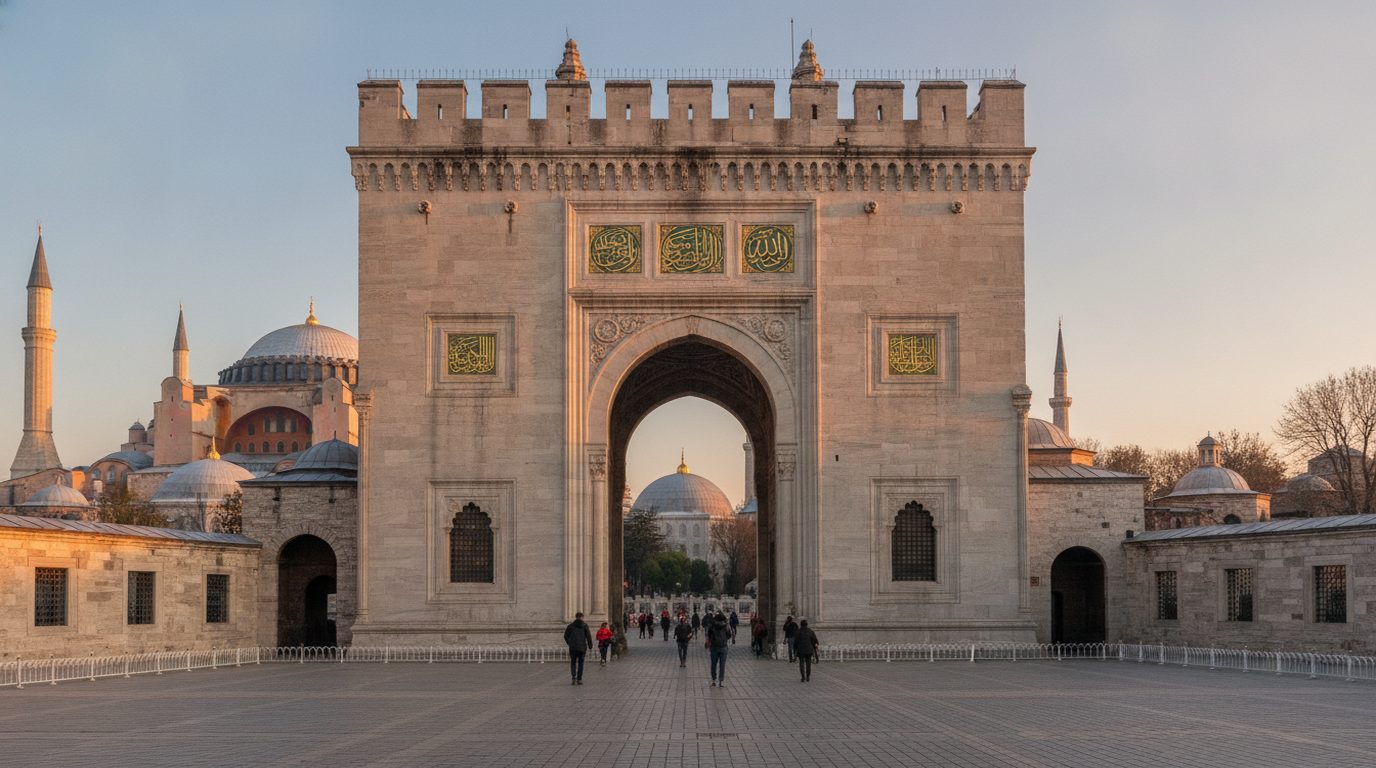 The Imperial Gate of Topkapi Palace in Istanbul, the stone entrance gate behind Hagia Sophia where visitors enter the First Courtyard