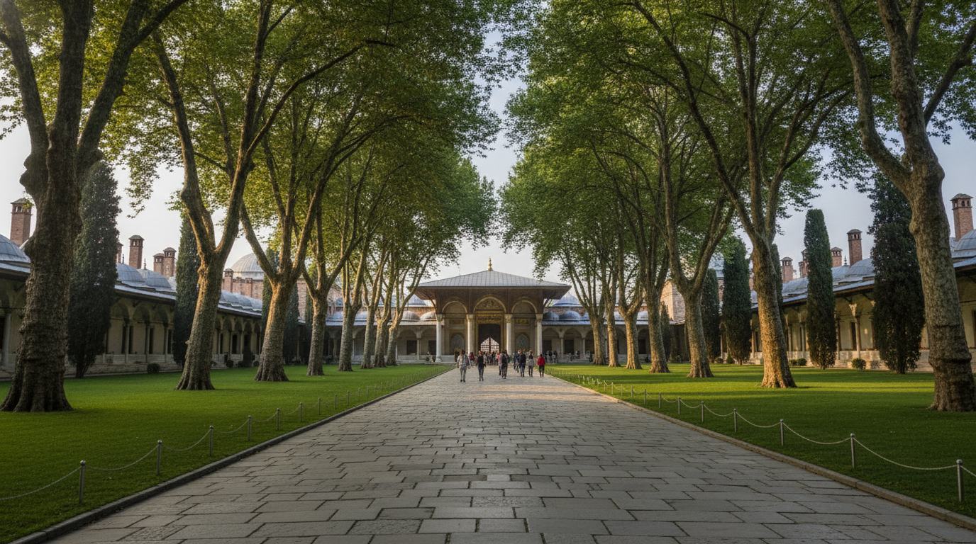 Tree-lined path across the Second Courtyard of Topkapi Palace, with visitors walking toward the Gate of Felicity